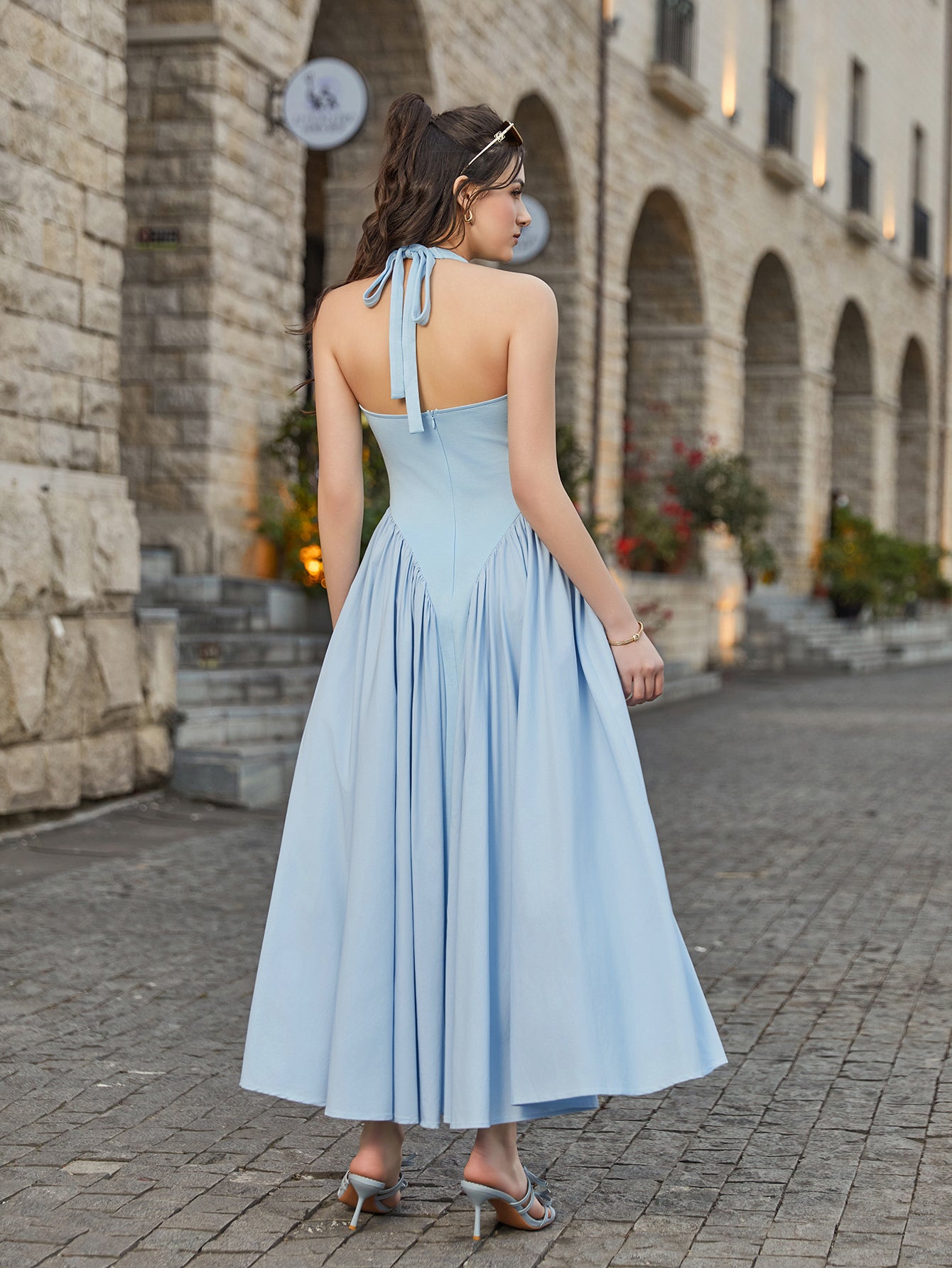 Halter Deep V-Neck Ruched Waist Solid Dress