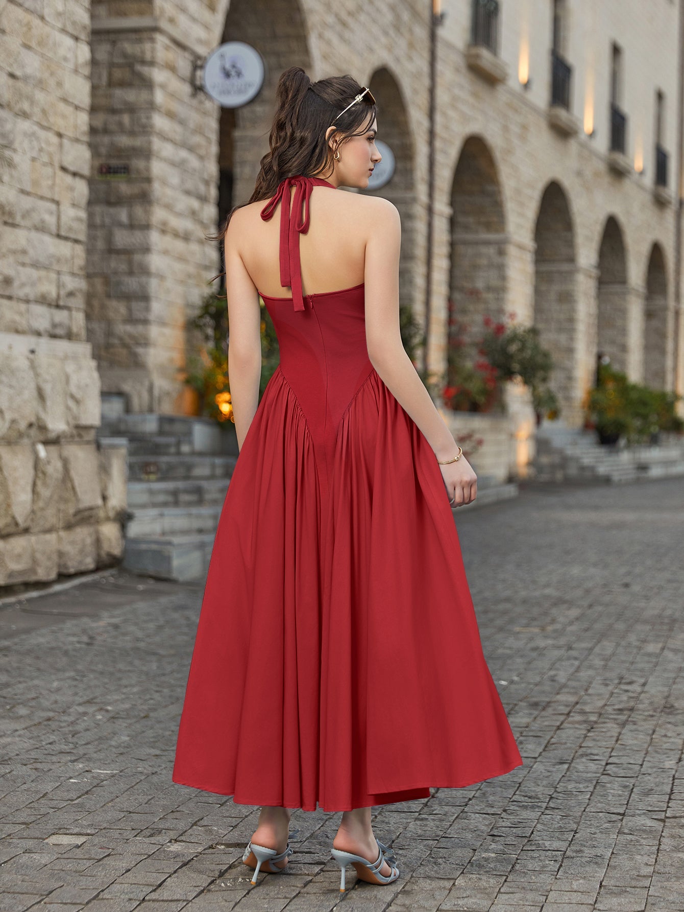 Halter Deep V-Neck Ruched Waist Solid Dress