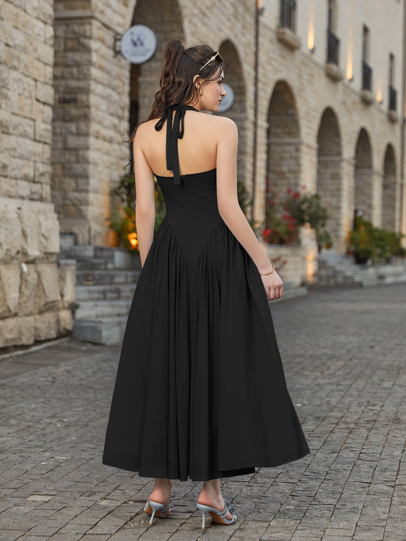 Halter Deep V-Neck Ruched Waist Solid Dress