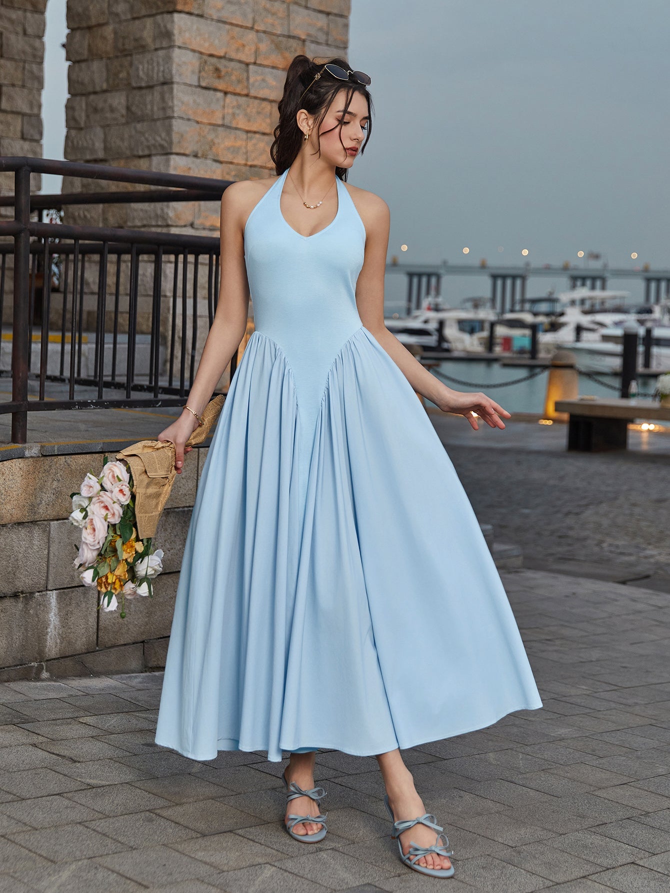 Halter Deep V-Neck Ruched Waist Solid Dress