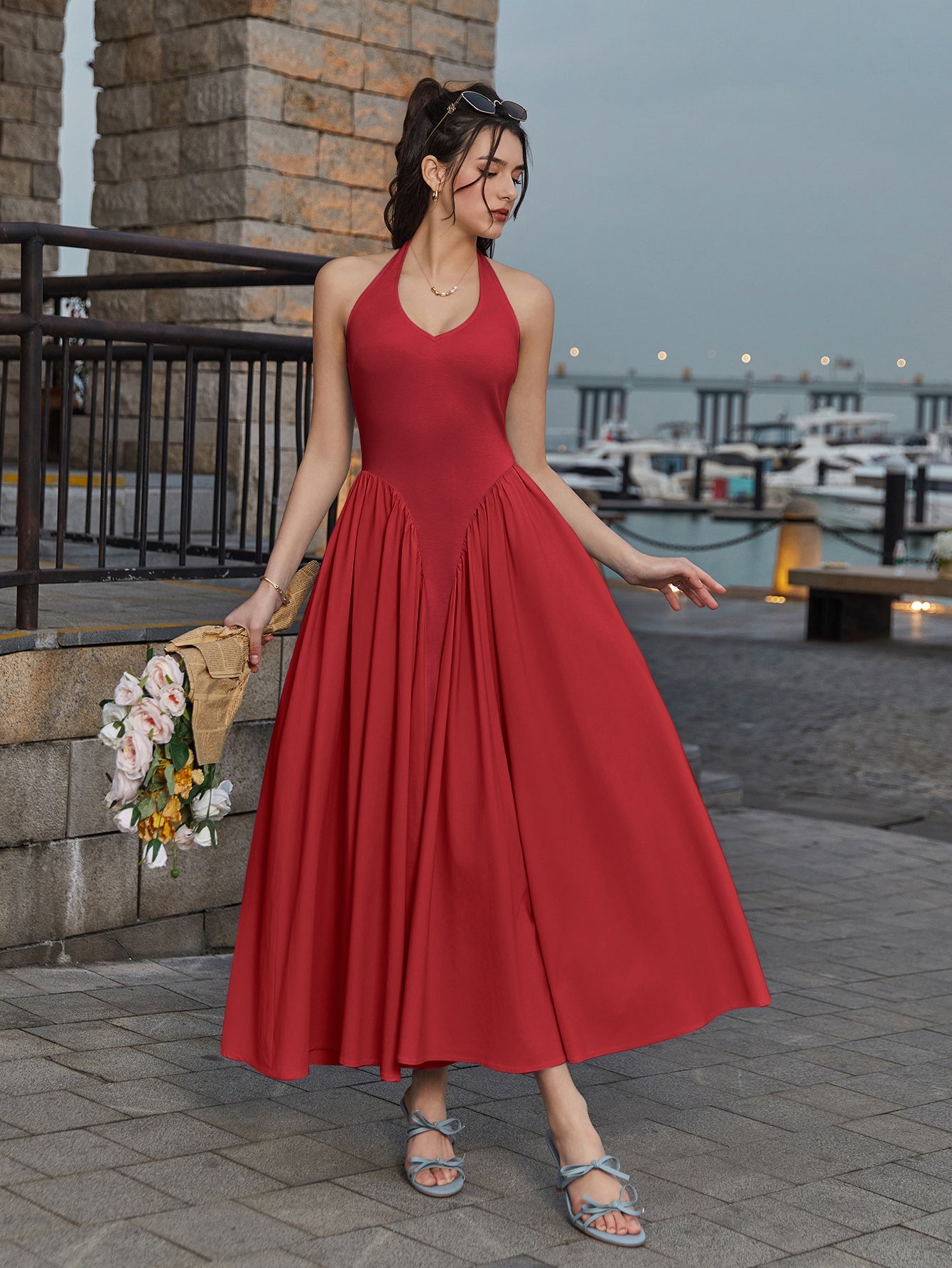 Halter Deep V-Neck Ruched Waist Solid Dress