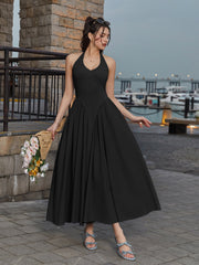 Halter Deep V-Neck Ruched Waist Solid Dress