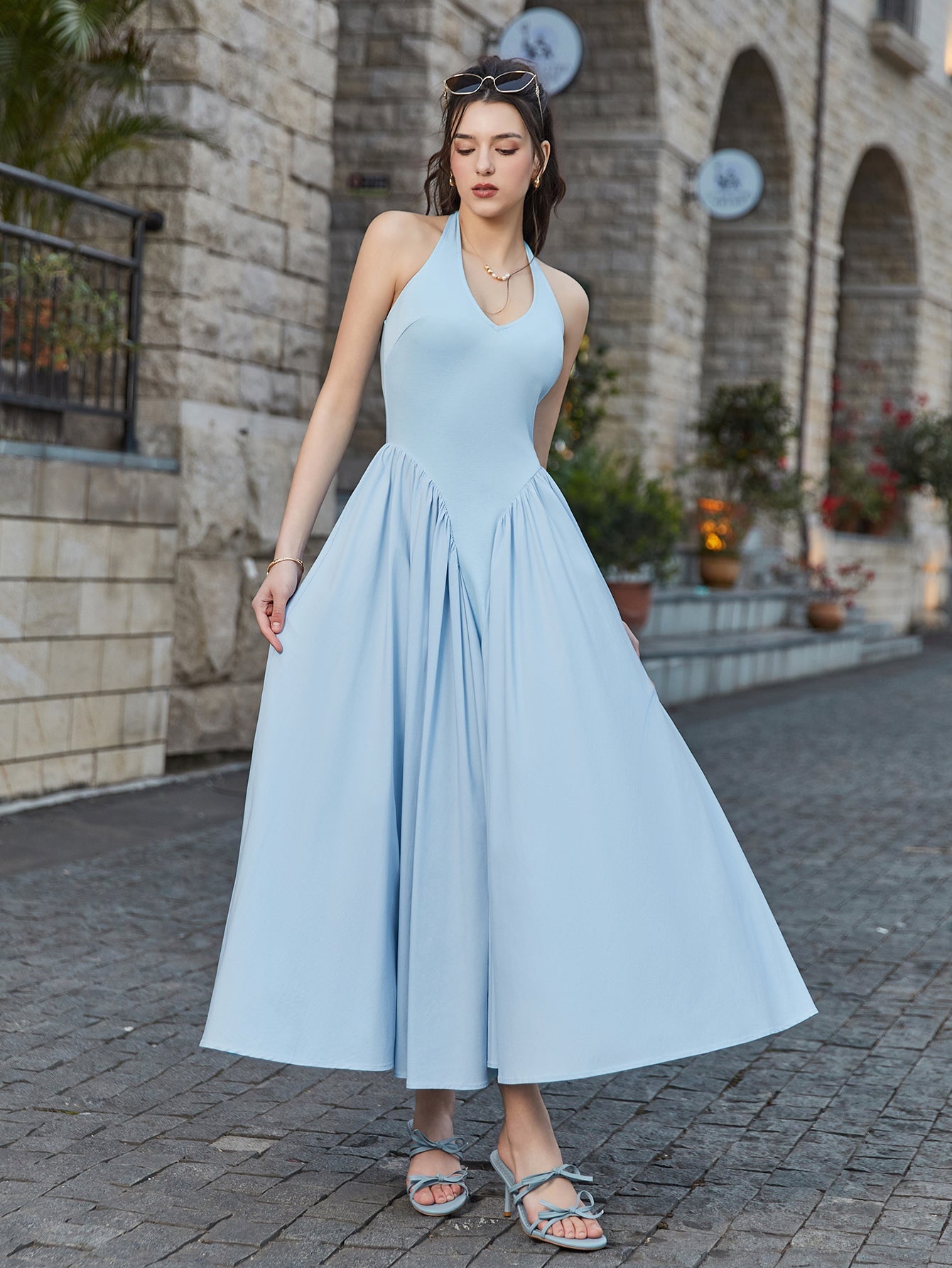 Halter Deep V-Neck Ruched Waist Solid Dress