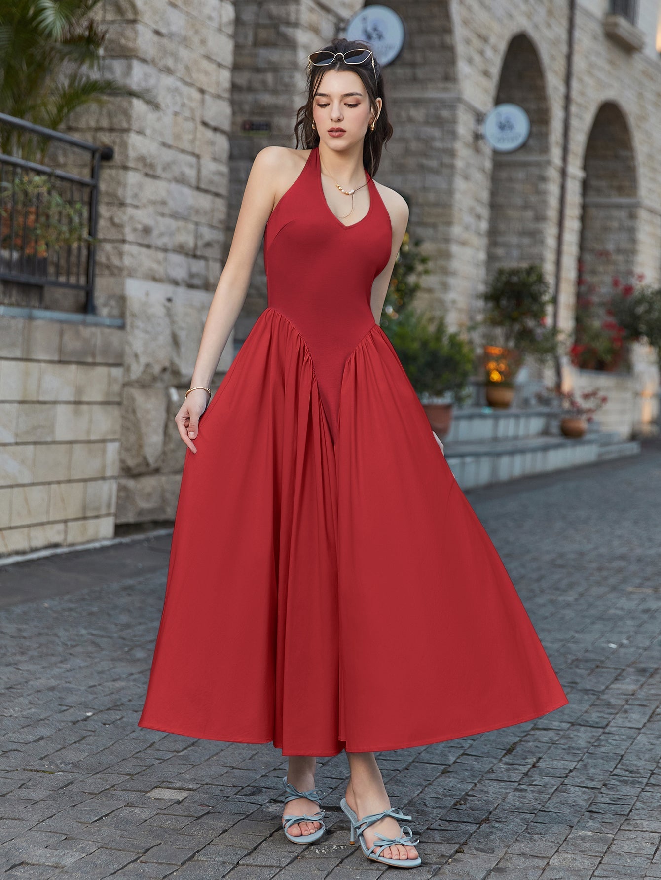 Halter Deep V-Neck Ruched Waist Solid Dress