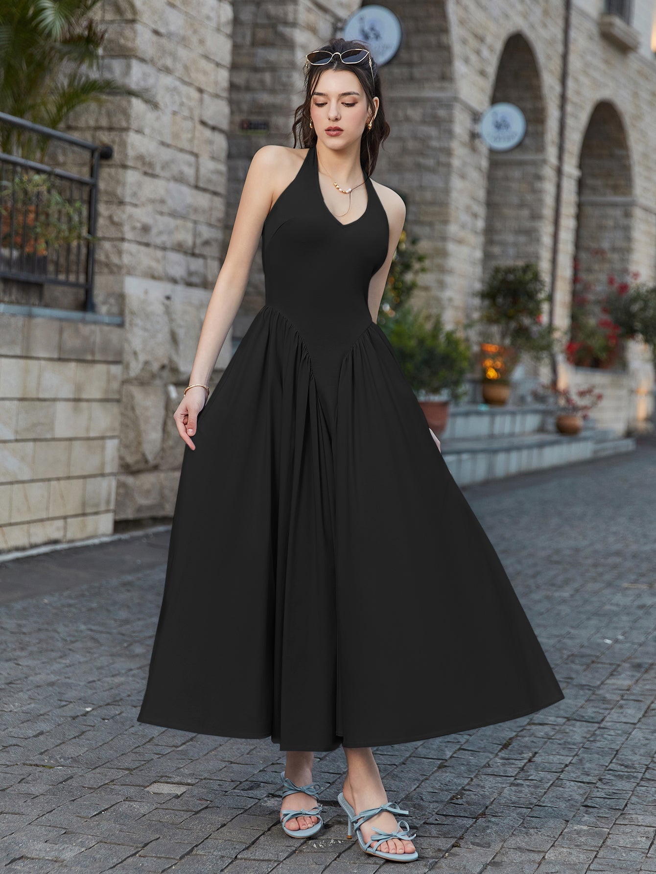 Halter Deep V-Neck Ruched Waist Solid Dress