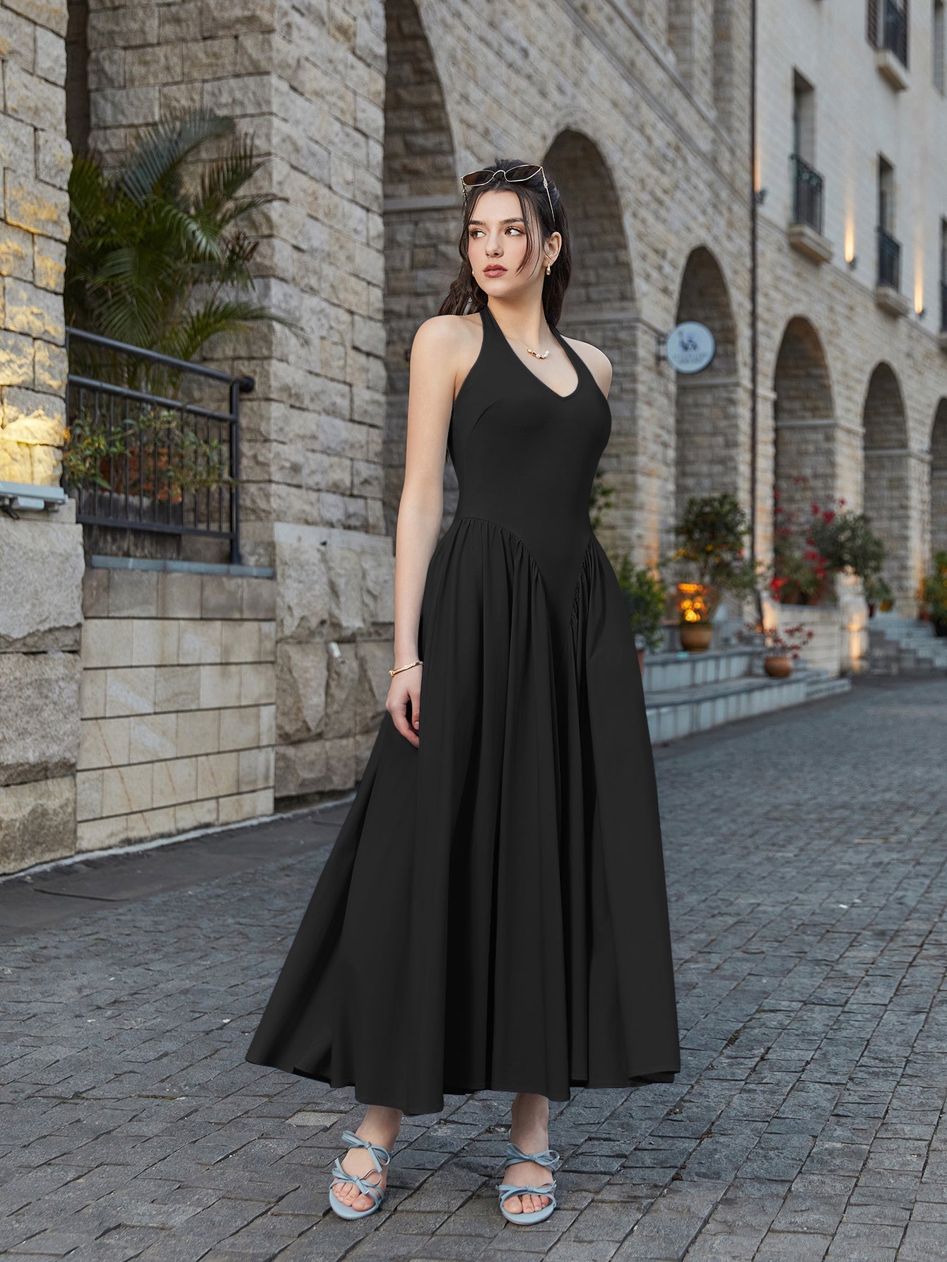 Halter Deep V-Neck Ruched Waist Solid Dress