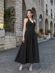 Halter Deep V-Neck Ruched Waist Solid Dress