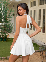 Halter Embellished Ruched Bust Backless Dress