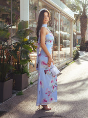 Halter Neck Ribbon Mesh Floral Print Tube Dress