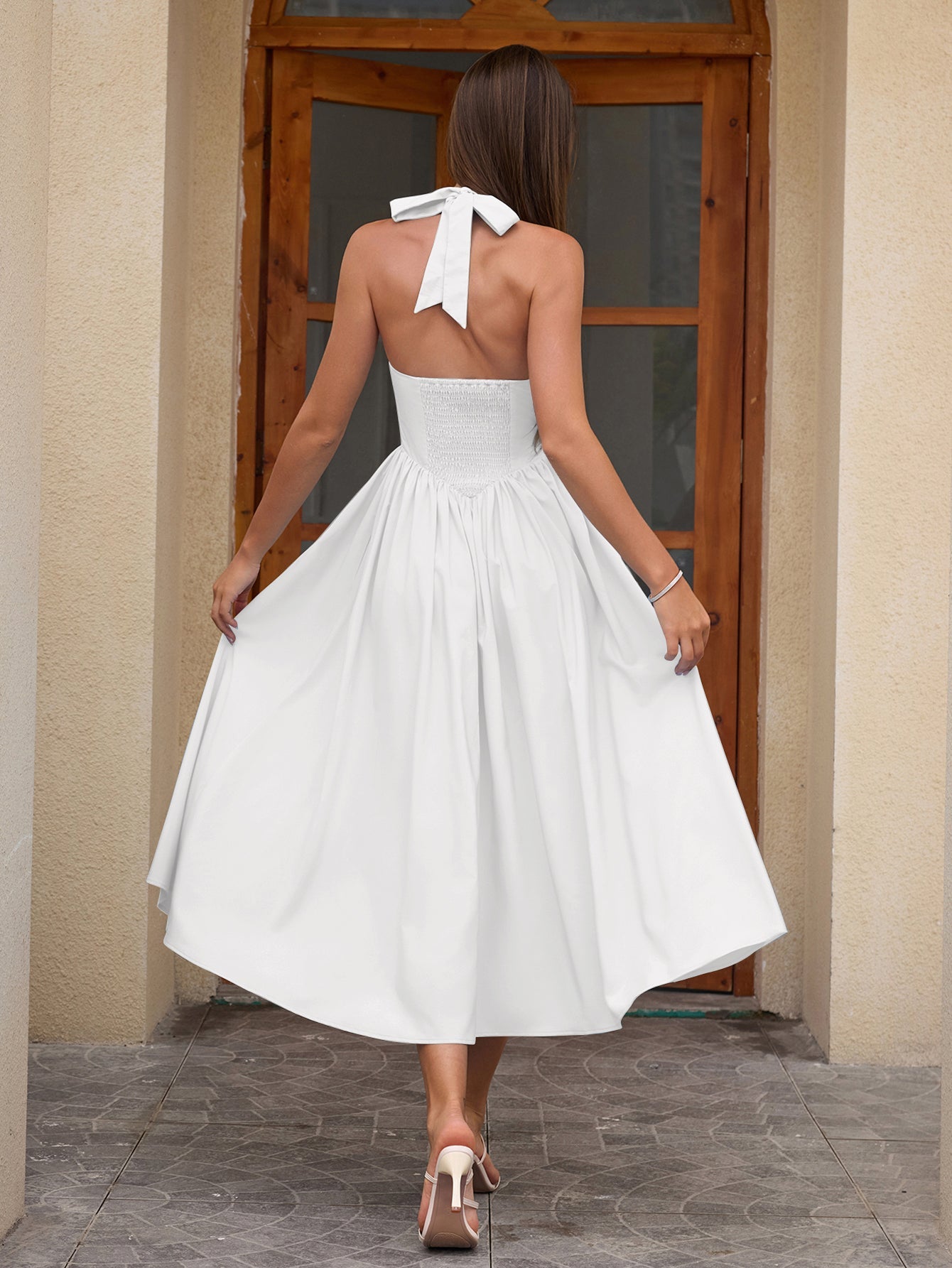 Halter Ruched Backless Flared Pocket Long Dress