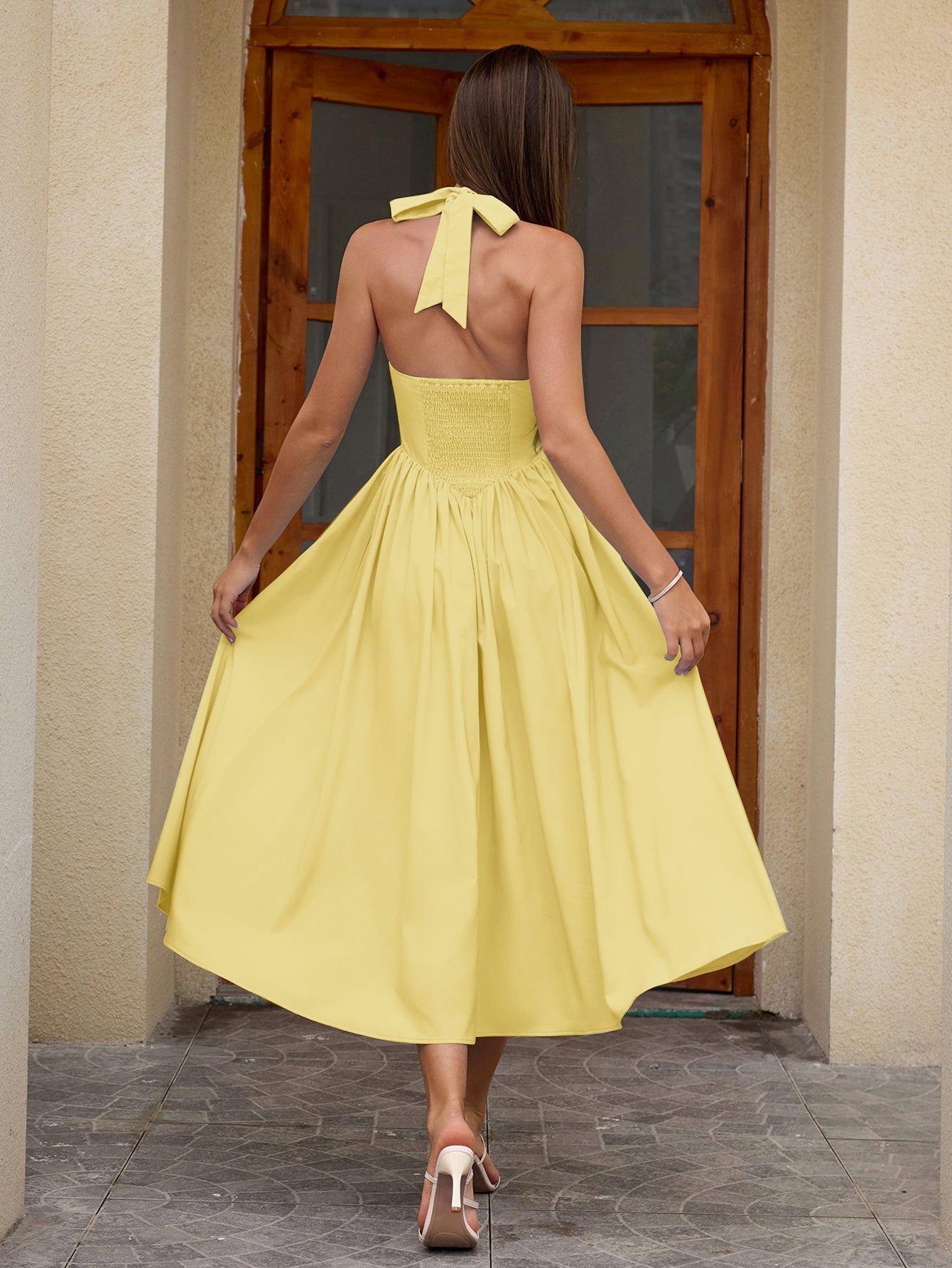 Halter Ruched Backless Flared Pocket Long Dress