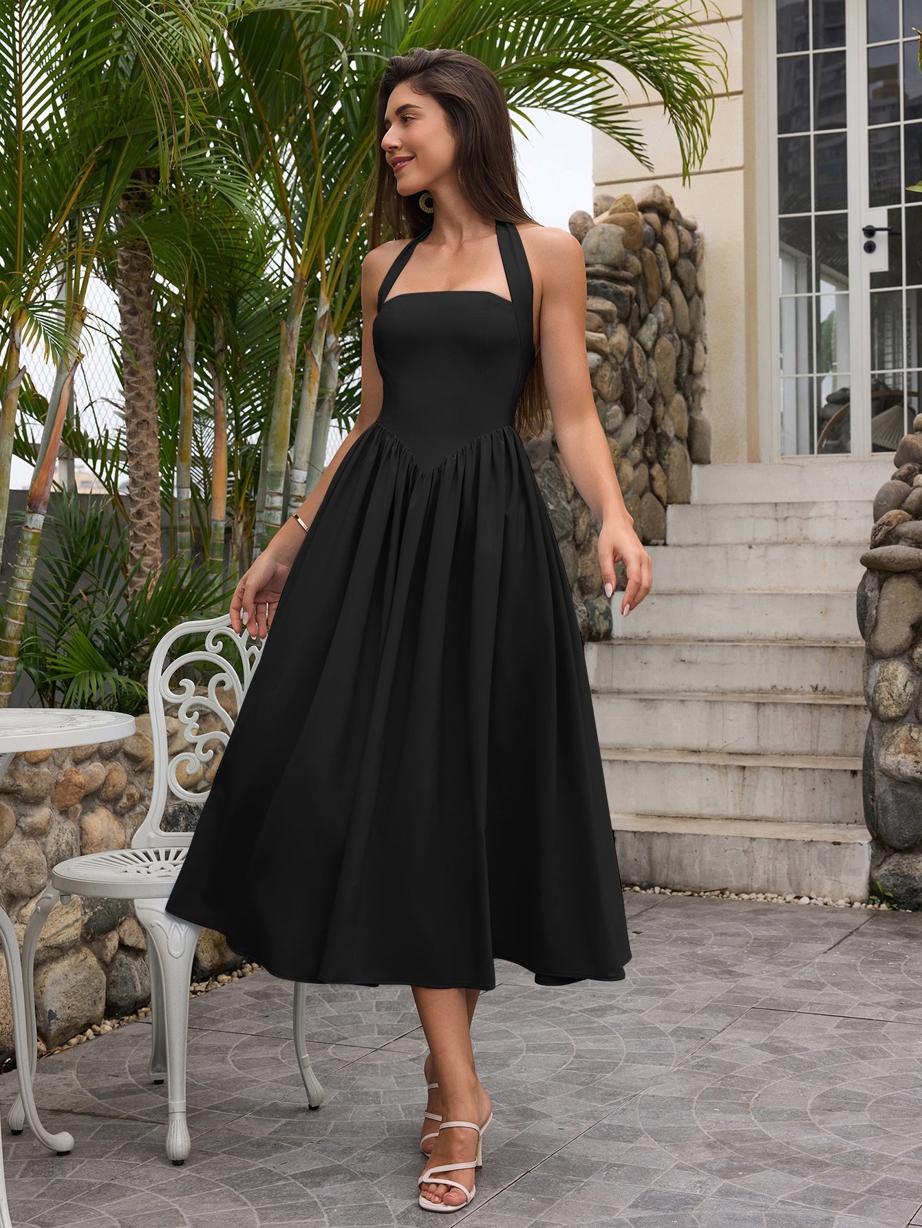 Halter Ruched Backless Flared Pocket Long Dress