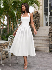 Halter Ruched Backless Flared Pocket Long Dress