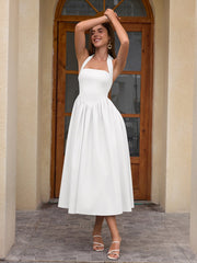 Halter Ruched Backless Flared Pocket Long Dress