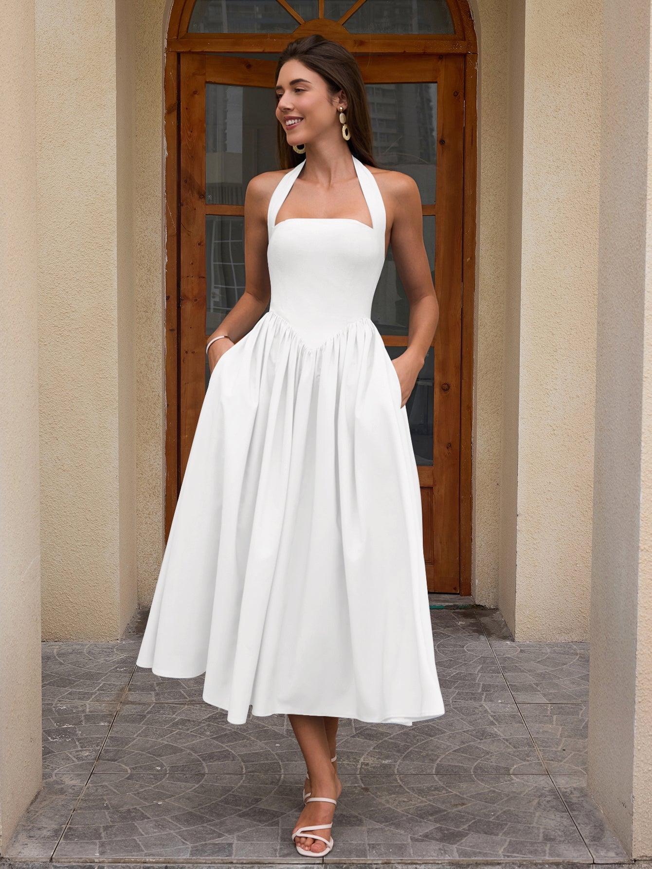Halter Ruched Backless Flared Pocket Long Dress
