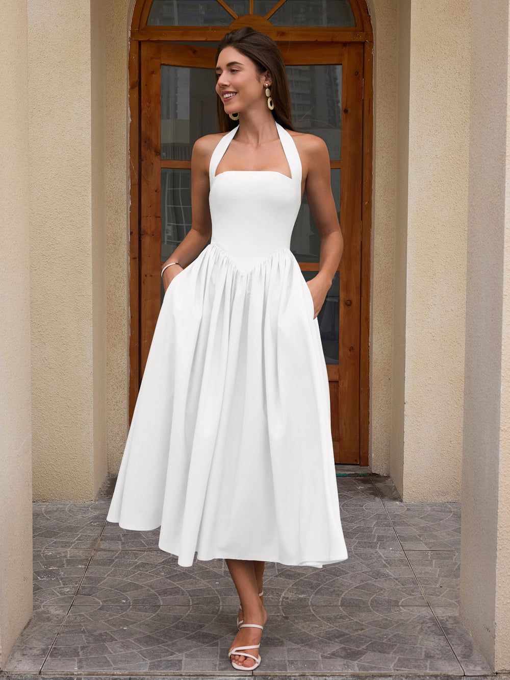 Halter Ruched Backless Flared Pocket Long Dress Ooins Halter Ruched Backless Flared Pocket Long Dress Ooins