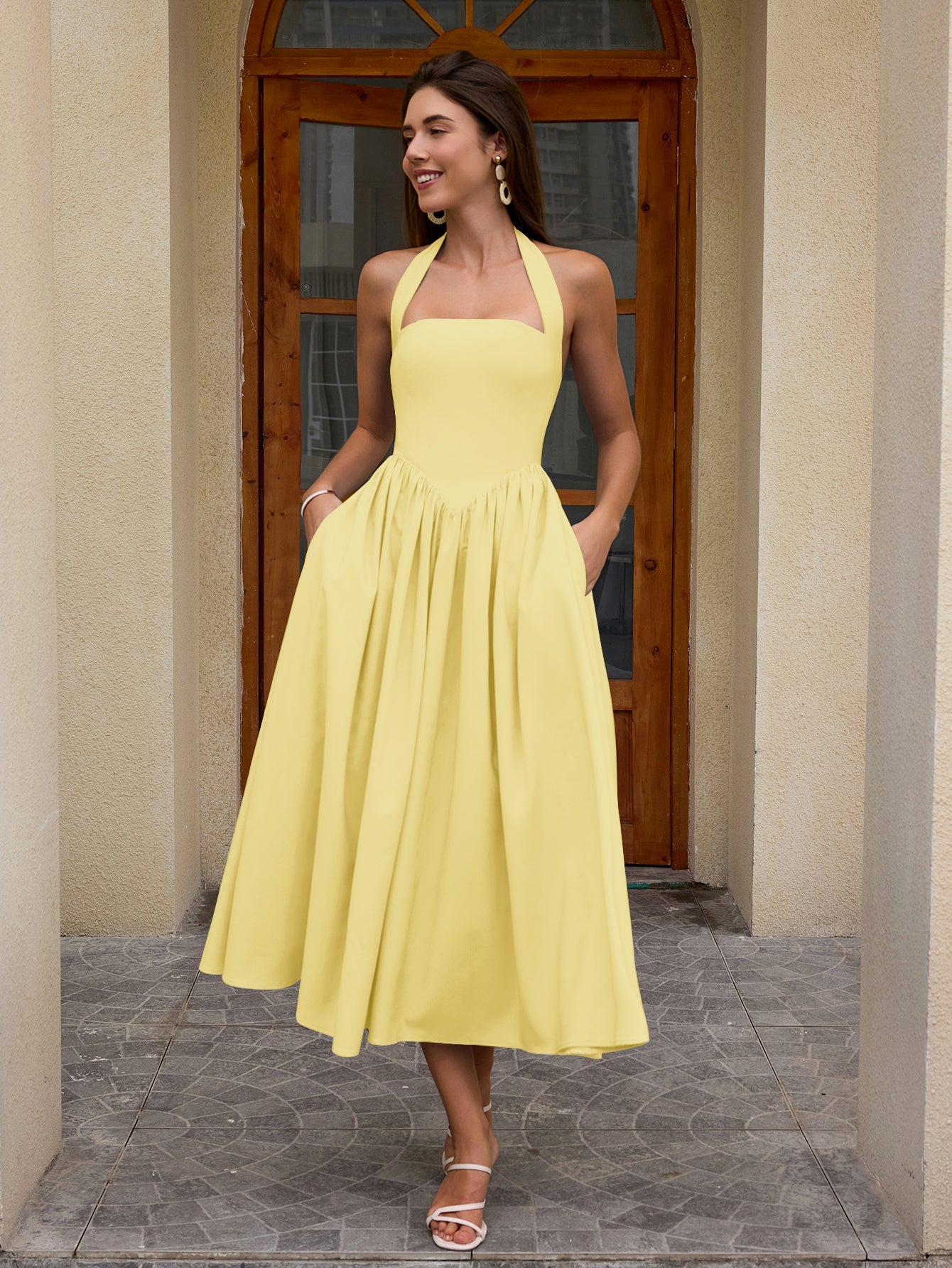 Halter Ruched Backless Flared Pocket Long Dress