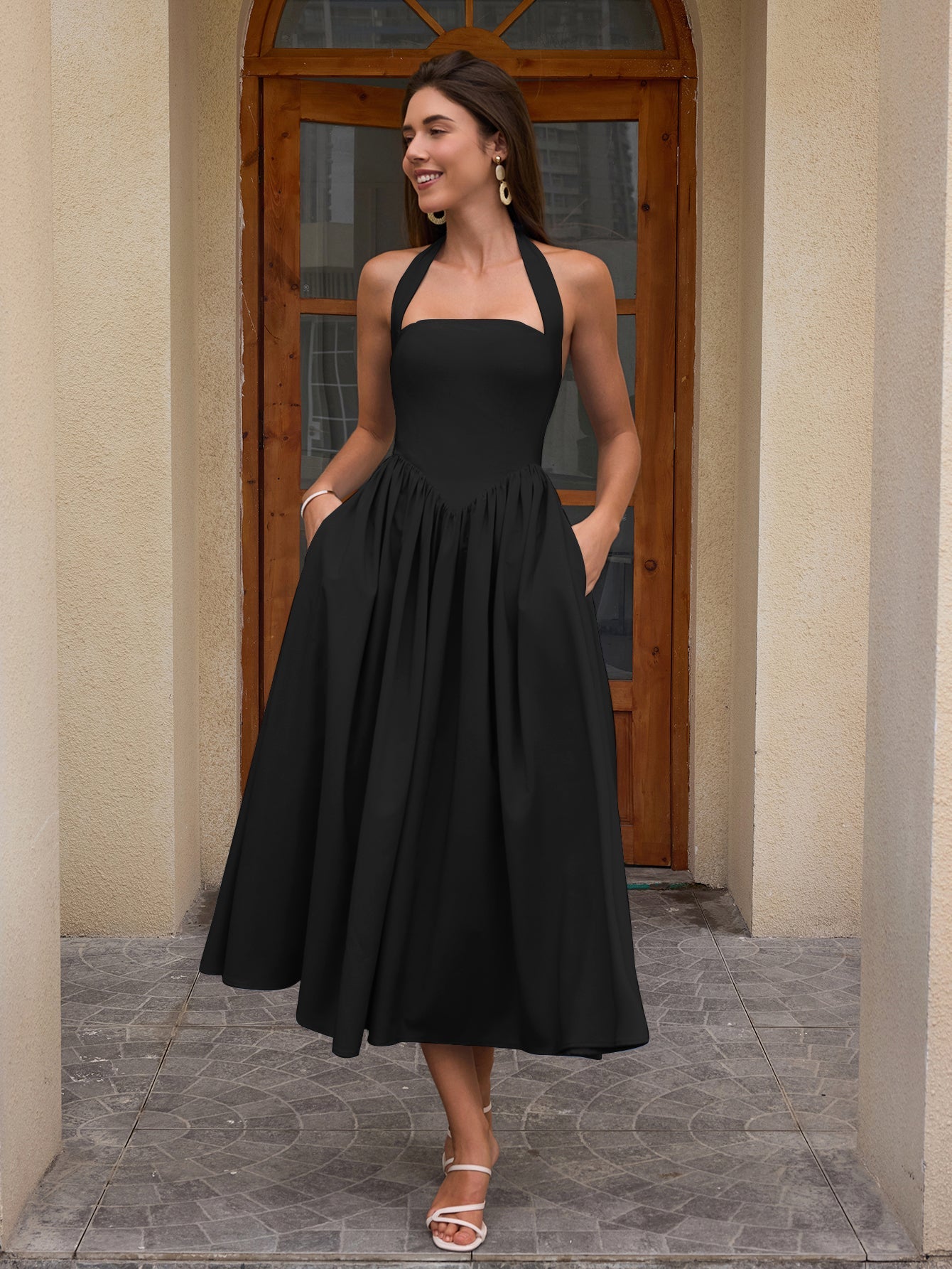 Halter Ruched Backless Flared Pocket Long Dress