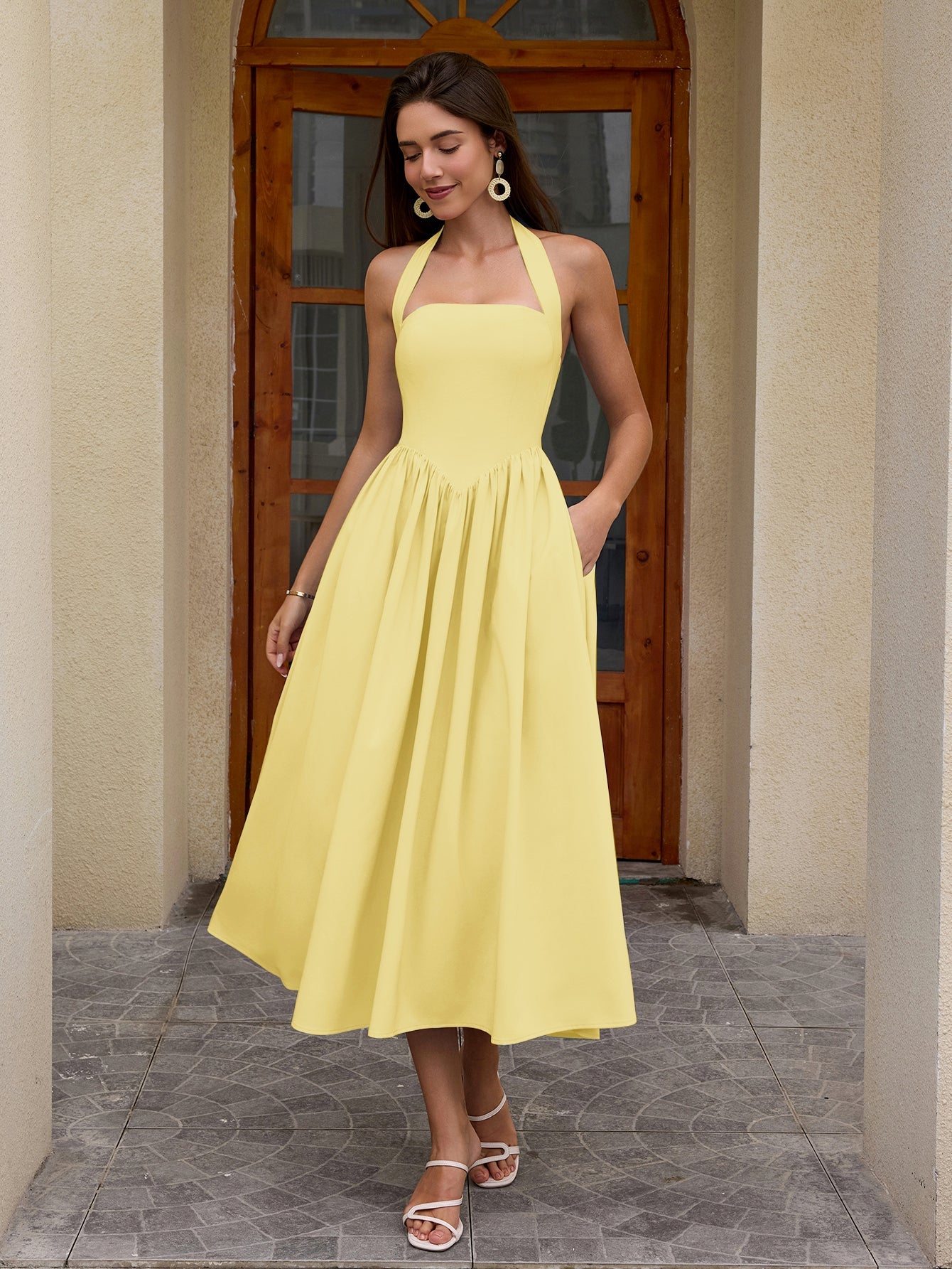 Halter Ruched Backless Flared Pocket Long Dress