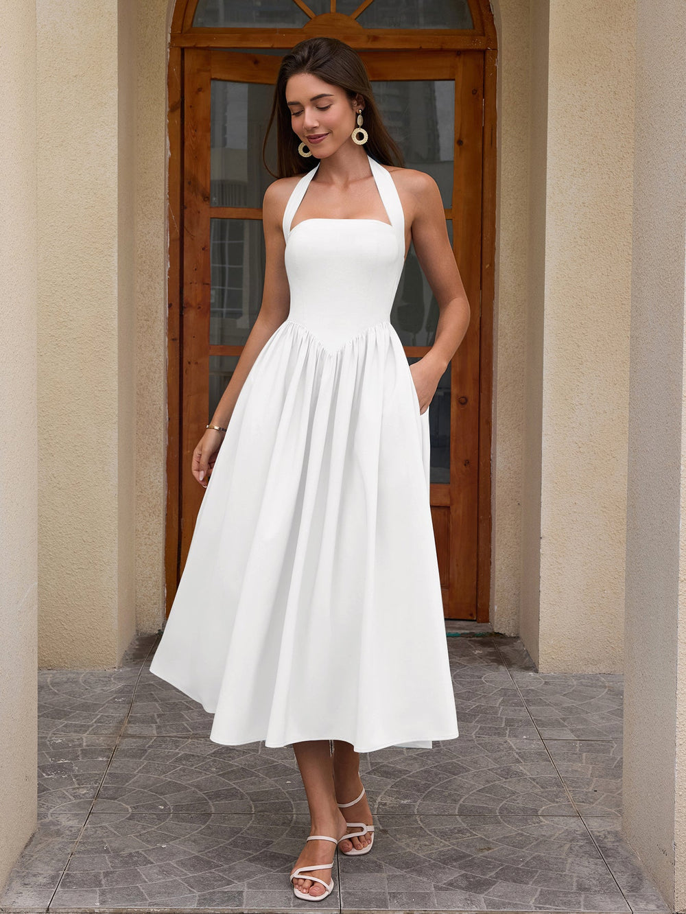 Halter Ruched Backless Flared Pocket Long Dress Ooins Halter Ruched Backless Flared Pocket Long Dress Ooins