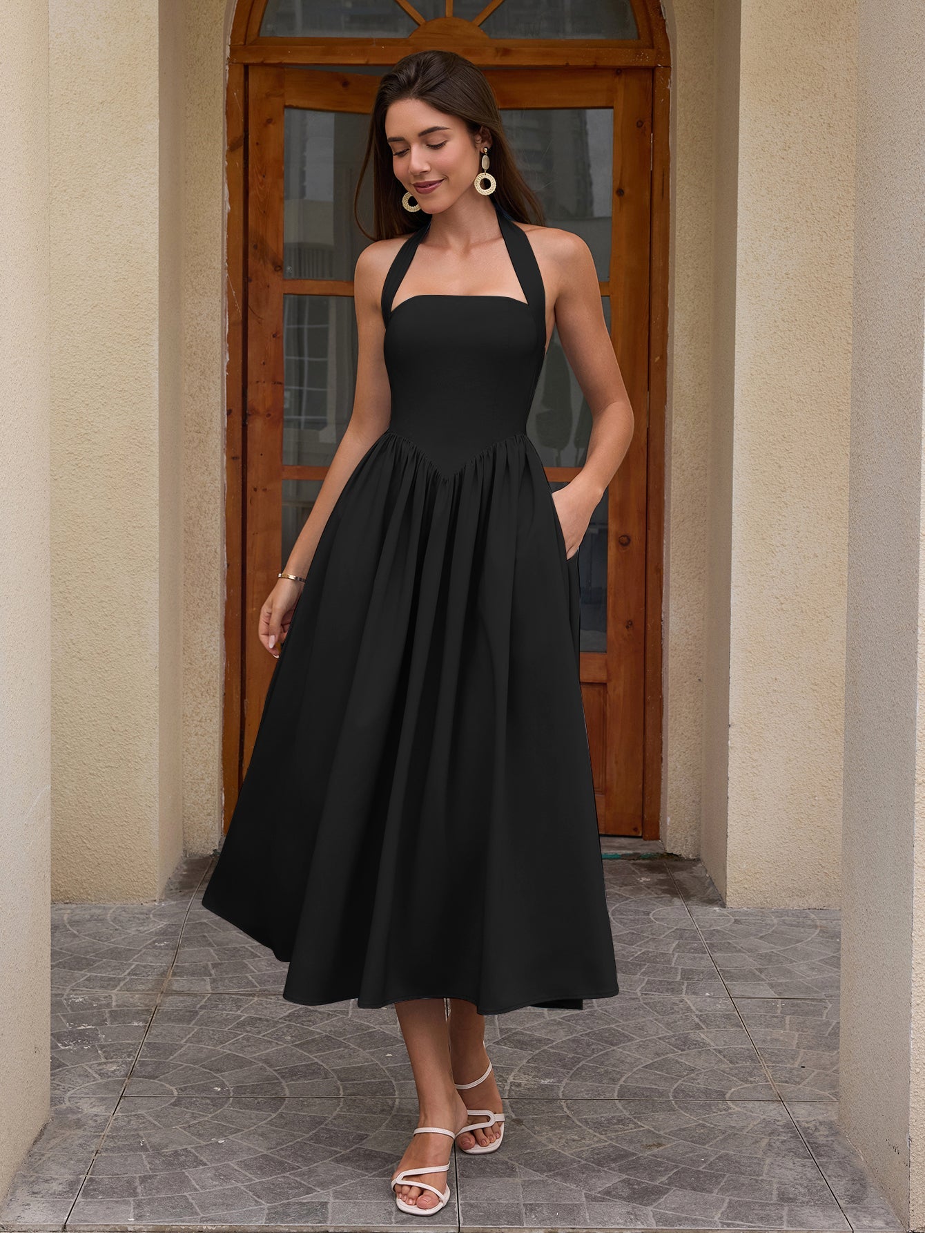 Halter Ruched Backless Flared Pocket Long Dress