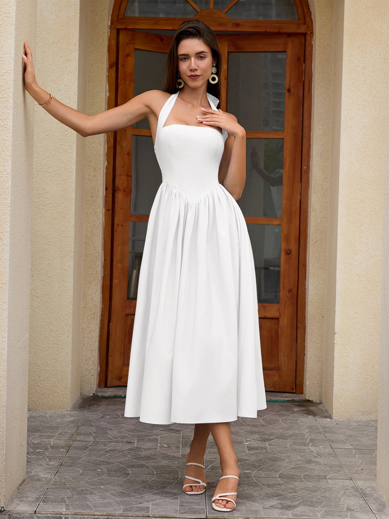 Halter Ruched Backless Flared Pocket Long Dress