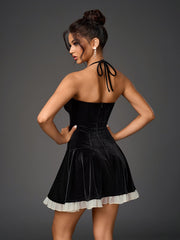 Halter Ruched Bust Mesh Trim Velvet Dress