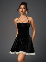 Halter Ruched Bust Mesh Trim Velvet Dress