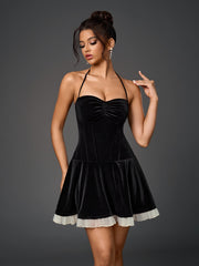 Halter Ruched Bust Mesh Trim Velvet Dress