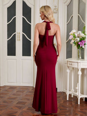 Halter Ruched Split Thigh Mesh Maxi Dress