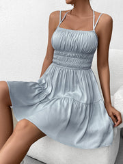 Halter Tie Back Ruched Satin Flared Dress