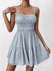 Halter Tie Back Ruched Satin Flared Dress