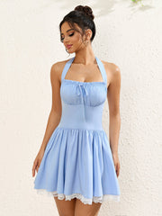 Halter Tie Front Lace Hem Ruched Mini Dress