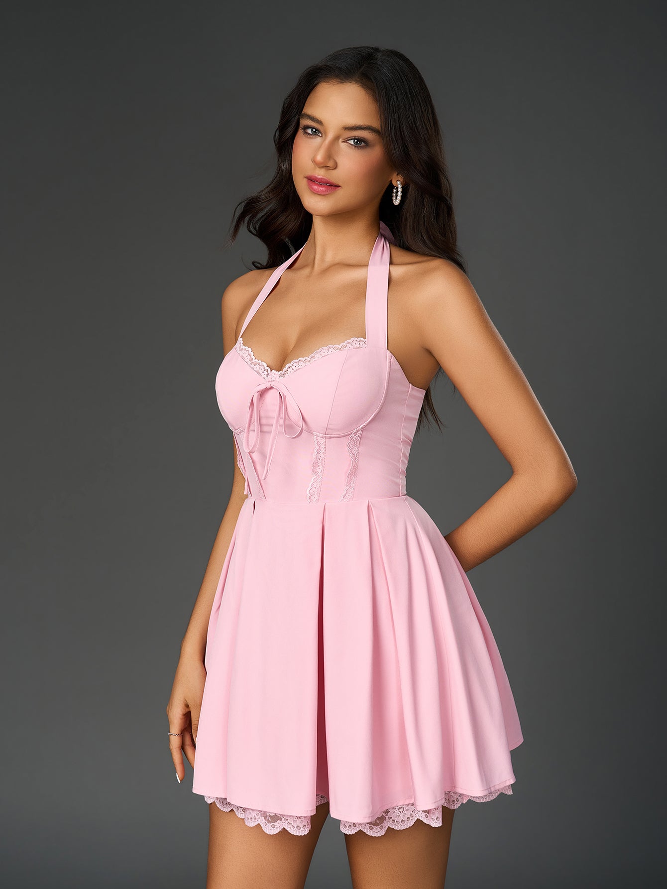 Halter Tie Front Lace Trim Bodycon Dress