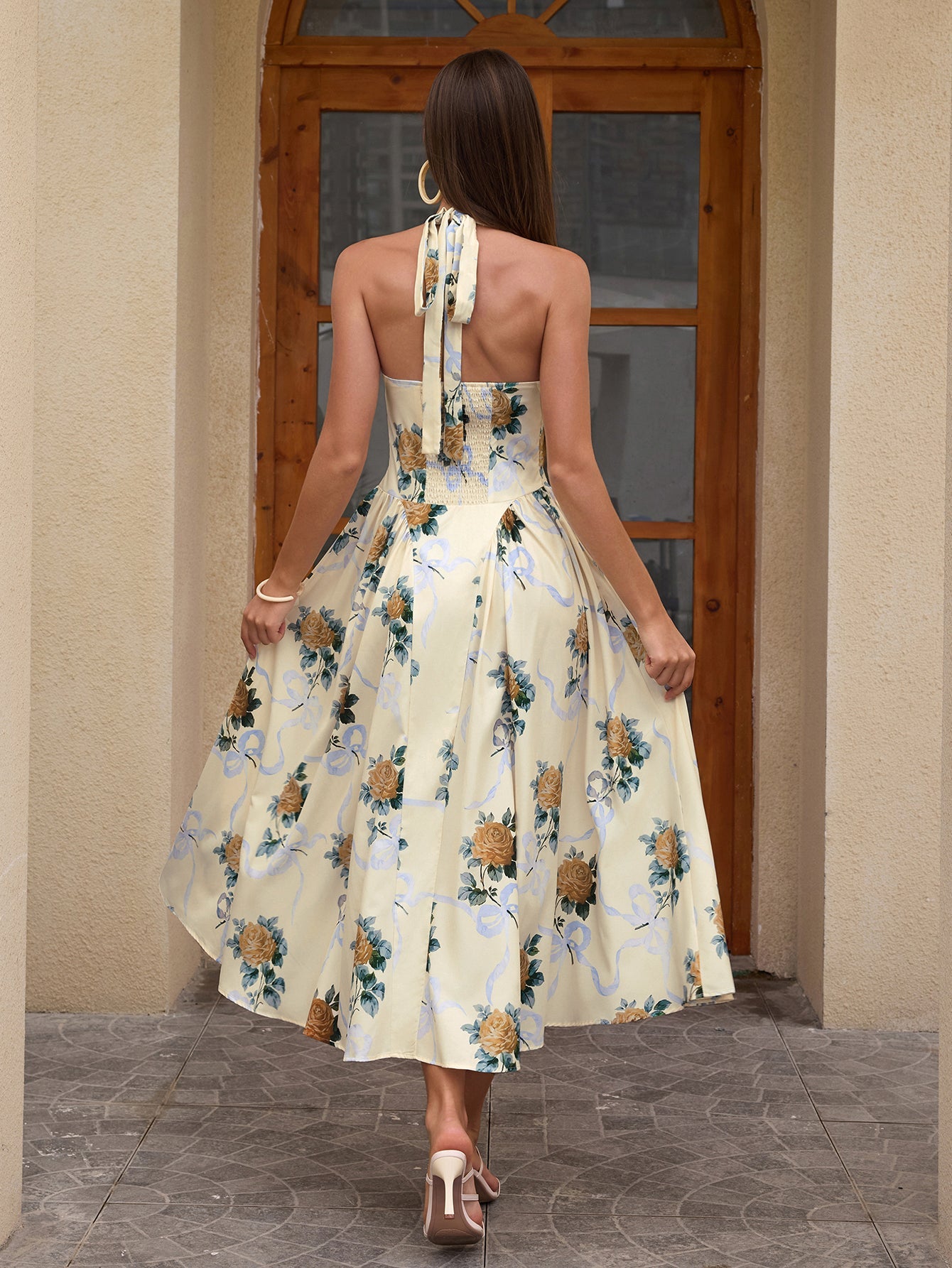 Halter Tie Smocking Floral Print Bodycon Dress