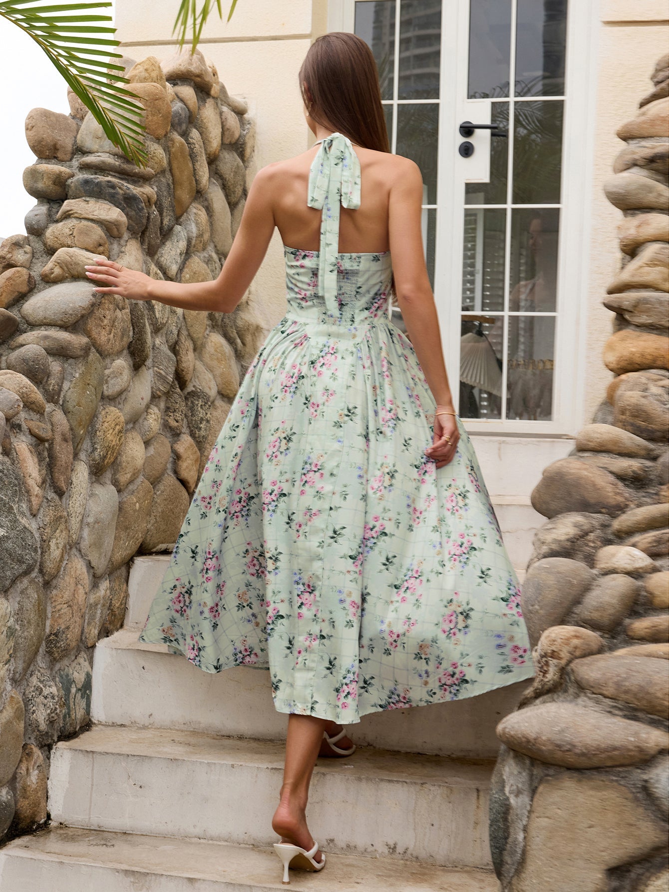 Halter Tie Smocking Floral Print Bodycon Dress