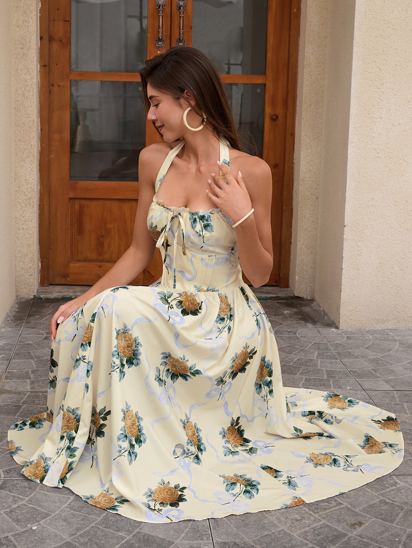 Halter Tie Smocking Floral Print Bodycon Dress