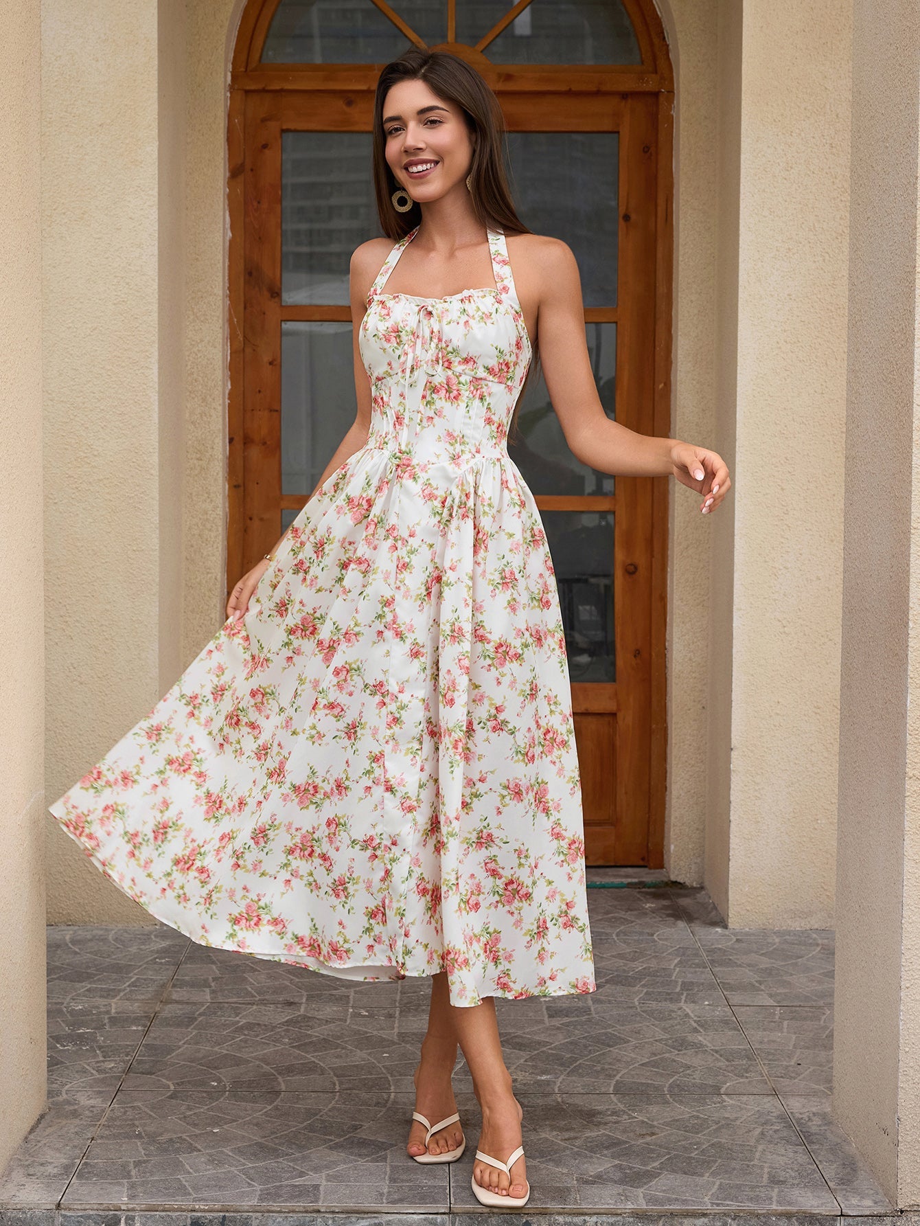 Halter Tie Smocking Floral Print Bodycon Dress