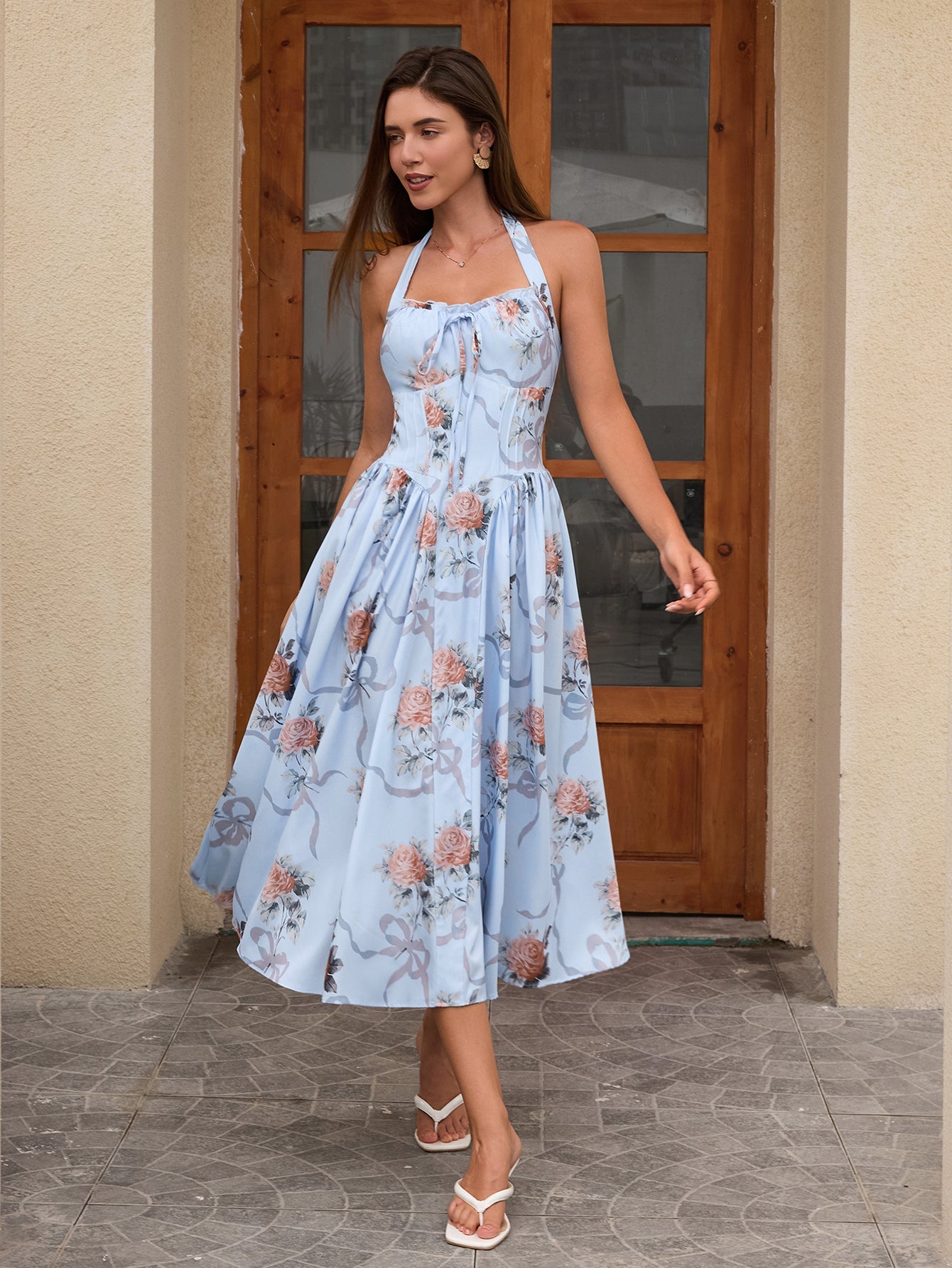 Halter Tie Smocking Floral Print Bodycon Dress