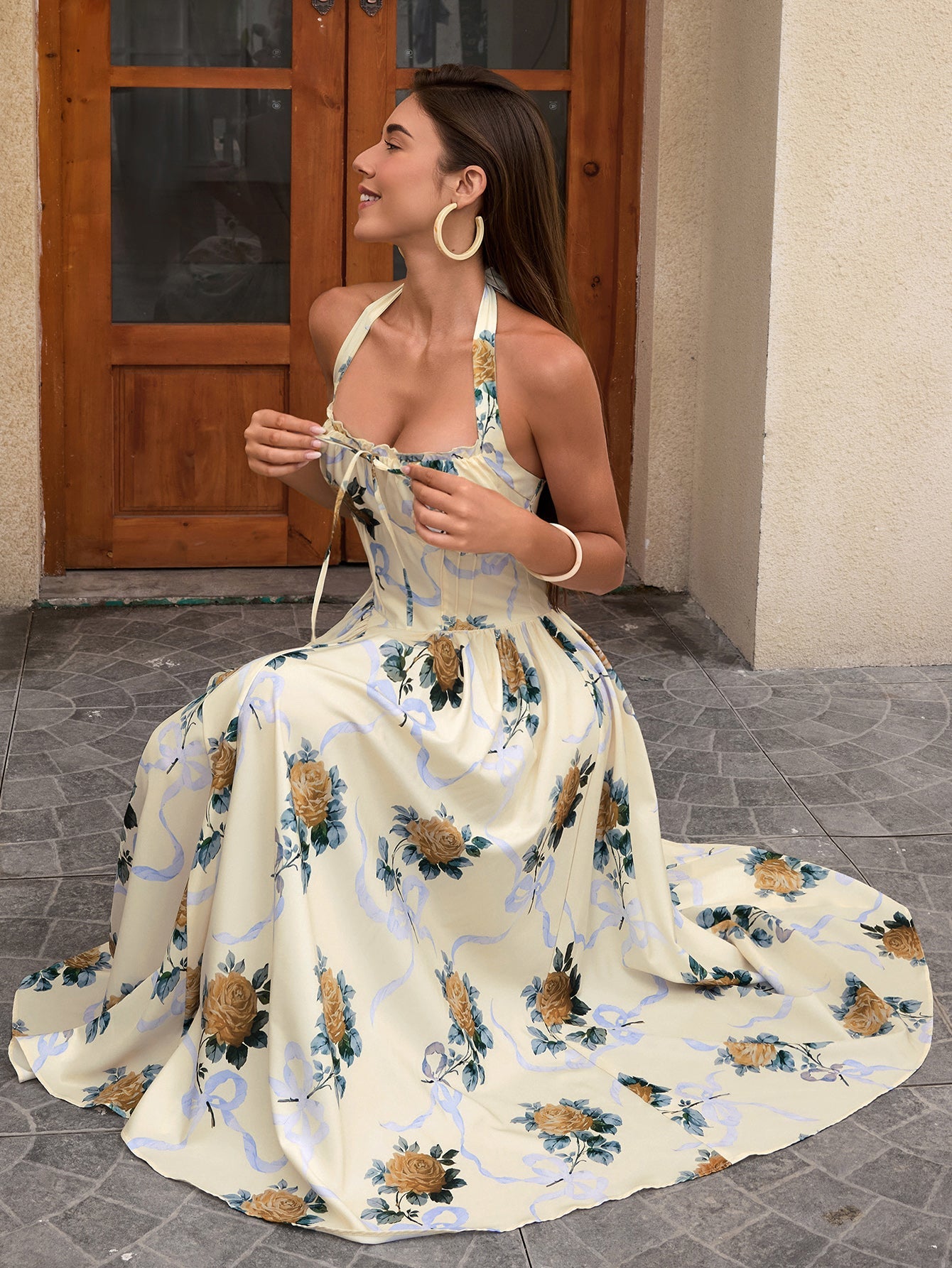 Halter Tie Smocking Floral Print Bodycon Dress