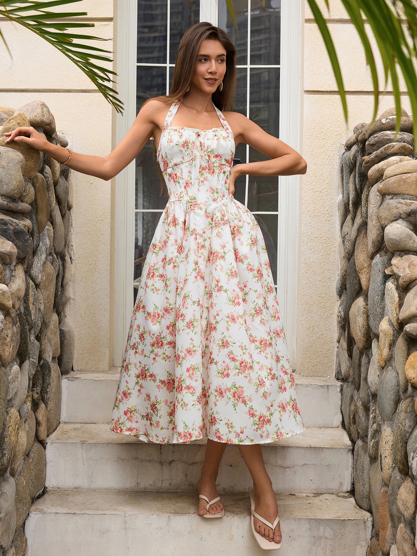 Halter Tie Smocking Floral Print Bodycon Dress
