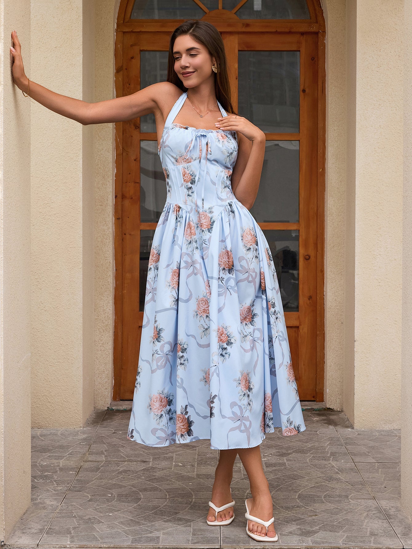 Halter Tie Smocking Floral Print Bodycon Dress