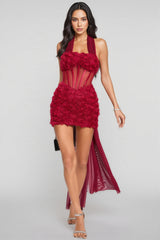 Yuled Halter Corset Floral Side Drape Mini Dress