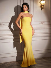 Hanging Neck Ribbon Backless Solid Tube Dress