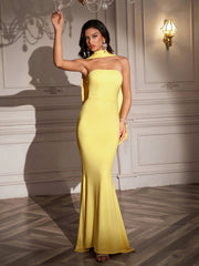 Hanging Neck Ribbon Backless Solid Tube Dress