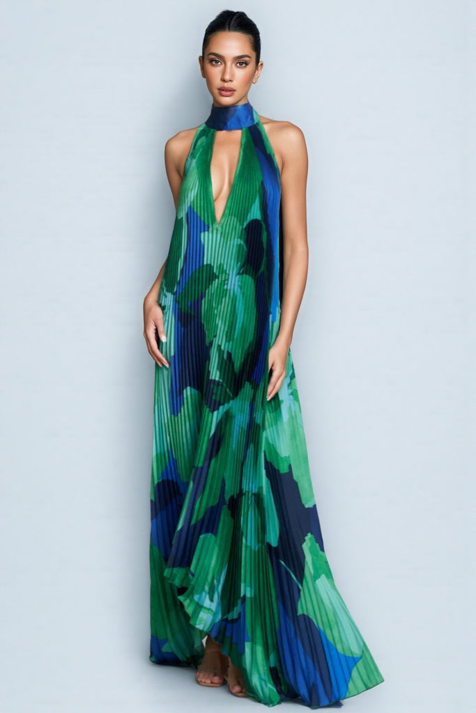 Cami Irregularly Pleated Printed Maxi Dress-Green – Ooins