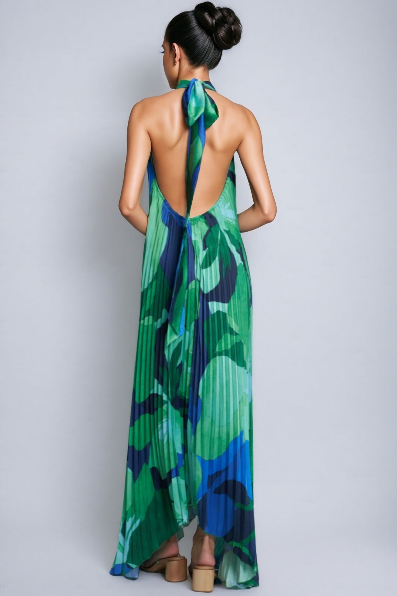 Cami Irregularly Pleated Printed Maxi Dress-Green