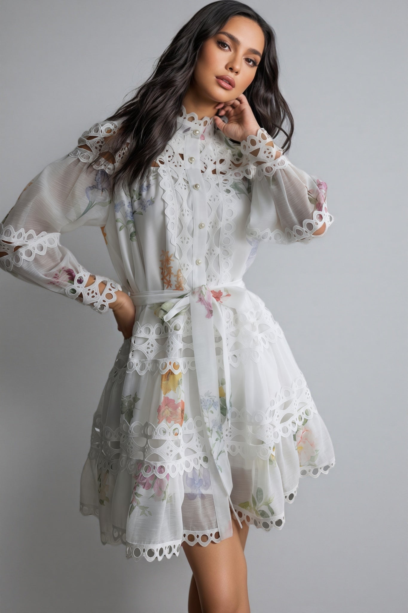 Catharine Floral Print Lace Panelled Mini Dress