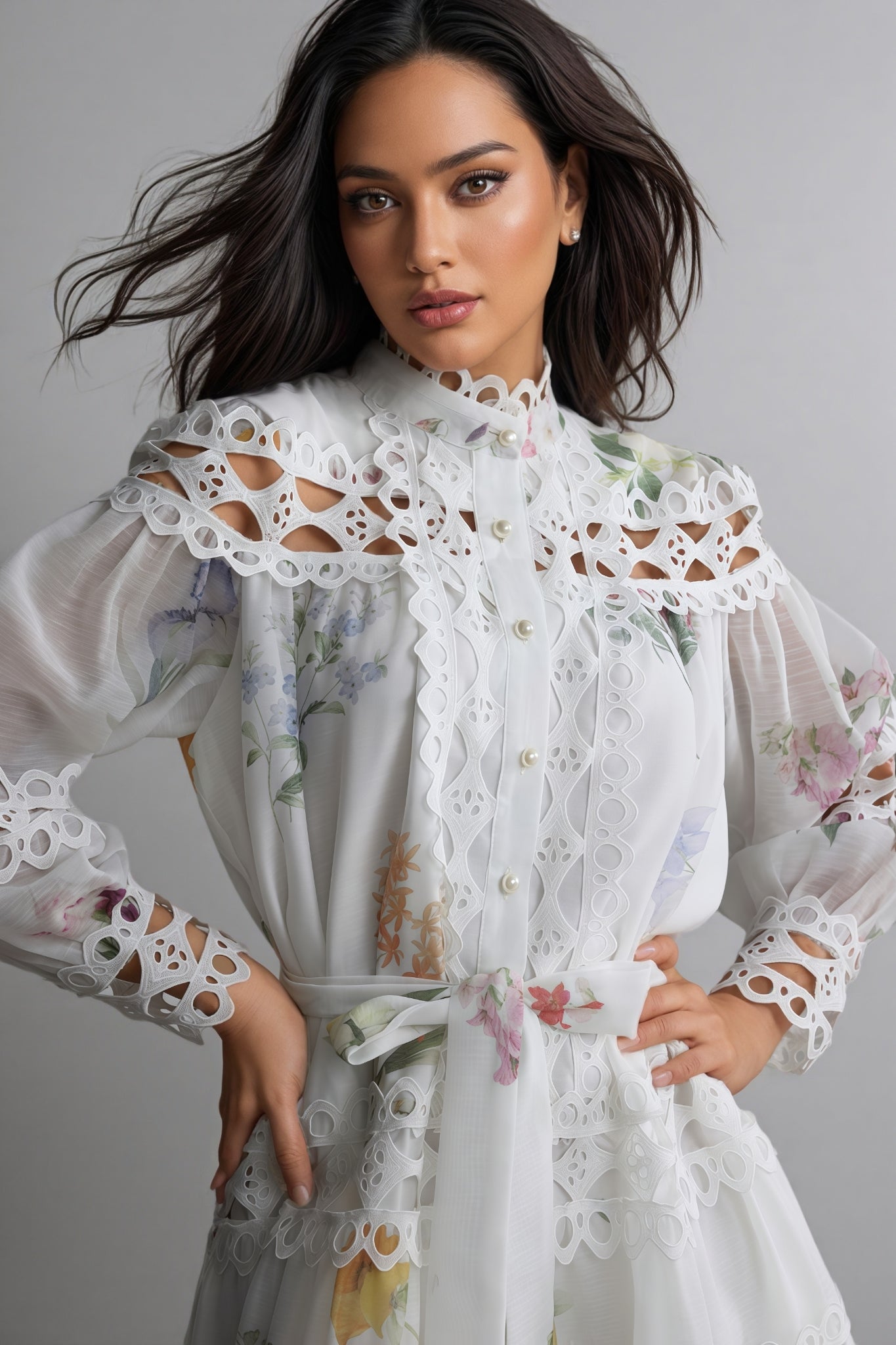 Catharine Floral Print Lace Panelled Mini Dress