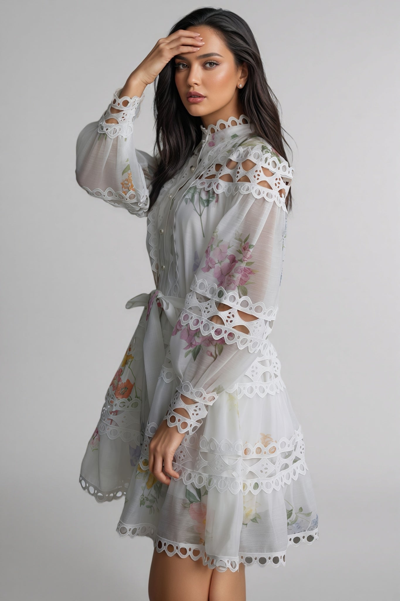 Catharine Floral Print Lace Panelled Mini Dress